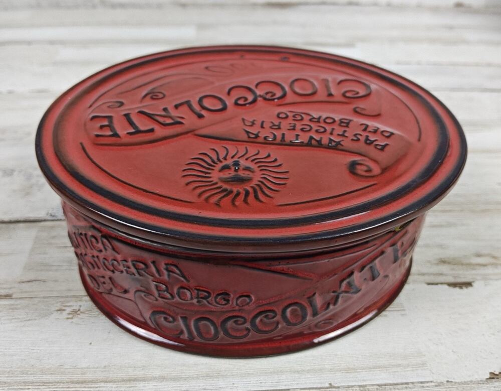 Vintage Antica Pasticceria Del Borgo Red Ceramic Cookie Jar Canister w Lid Italy